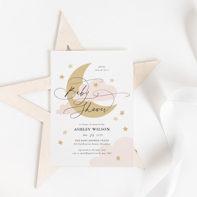 Moon and Stars Matte Pinks Script Baby Shower Invitation (Creator Uploaded)