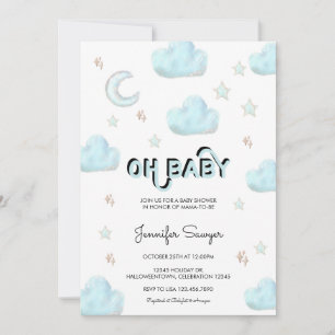 Moon and Stars   Modern Watercolor Baby Shower  Invitation
