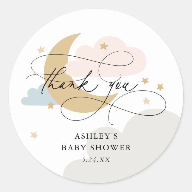 Moon and Stars Multi Script Baby Shower Thank You Classic Round Sticker (Front)
