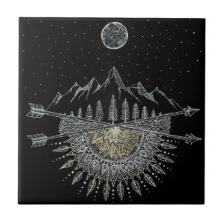 Moon and Stars Night Sky Mountain Range Mandala Ceramic Tile