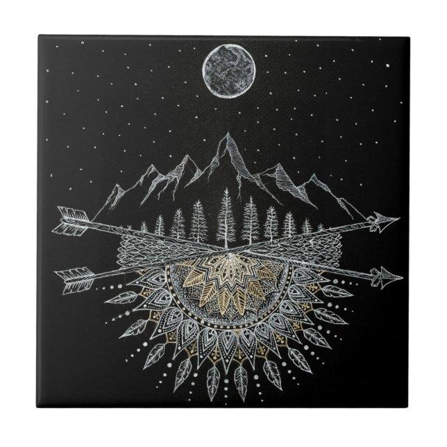 Moon and Stars Night Sky Mountain Range Mandala Ceramic Tile (Front)