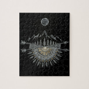Moon and Stars Night Sky Mountain Range Mandala Jigsaw Puzzle
