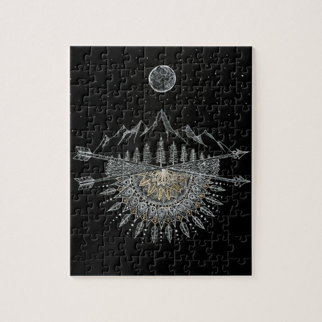 Moon and Stars Night Sky Mountain Range Mandala Jigsaw Puzzle (Vertical)