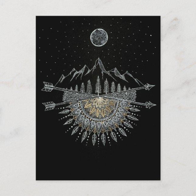 Moon and Stars Night Sky Mountain Range Mandala Postcard (Front)
