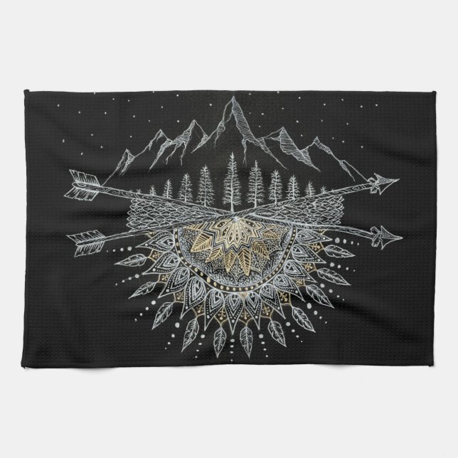 Moon and Stars Night Sky Mountain Range Mandala Tea Towel (Horizontal)