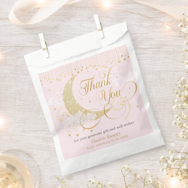 Moon and Stars Pastel Pink Baby Shower Thank You Favour Bag (Clipped)