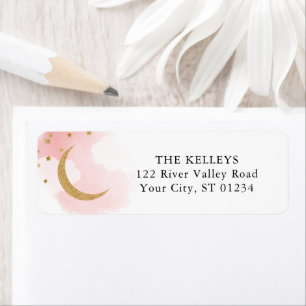 Moon and Stars, Pink Gold Glitter Return Address Label