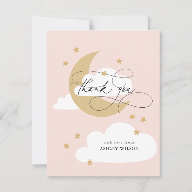 Moon and Stars Pink Gold Script Baby Shower Thank You Card (Front)