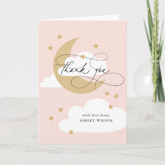 Moon and Stars Pink Gold Script Baby Shower Thank You Card (Front)