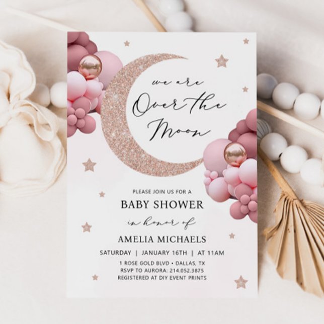 Moon And Stars Pink Over The Moon Baby Shower Invitation (Creator Uploaded)