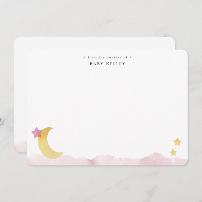 Moon and Stars, Pink Watercolor Personalised Flat Card (Front/Back)