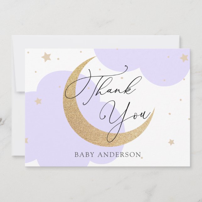 Moon and Stars Purple Baby Shower Thank You Card (Front)