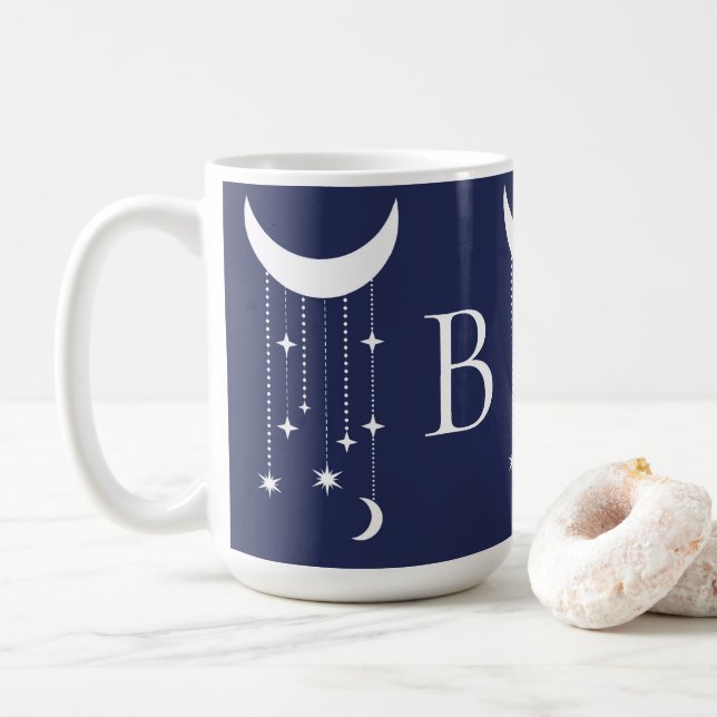 Moon and stars purple night sky beads monogrammed coffee mug (With Donut)