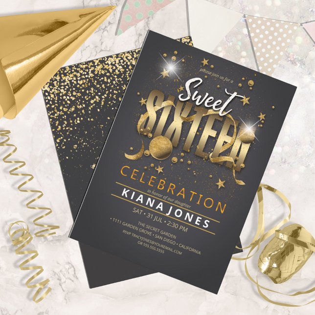 Moon and Stars Sweet 16 Gold/Blk ID788 Invitation (Creator Uploaded)