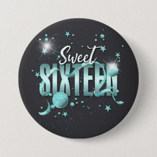 Moon and Stars Sweet 16 Teal/Blk ID788 7.5 Cm Round Badge