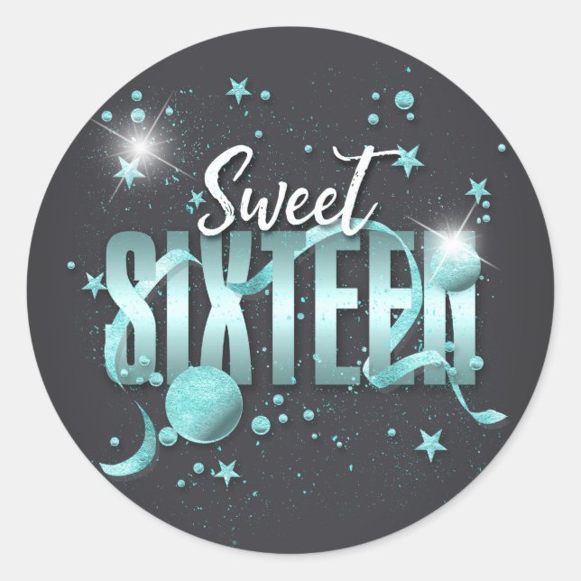 Moon and Stars Sweet 16 Teal/Blk ID788 Classic Round Sticker (Front)