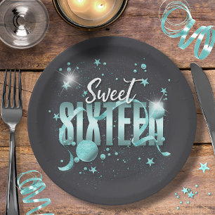 Moon and Stars Sweet 16 Teal/Blk ID788 Paper Plate