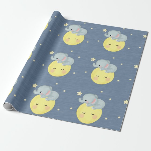 Moon and Stars With Cute Elephant Baby Boy Shower Wrapping Paper (Unrolled)