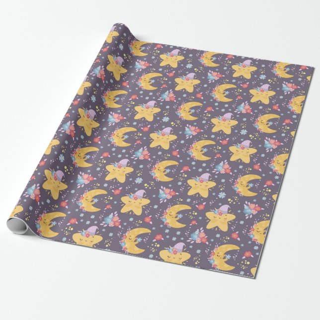 Moon and Stars Wrapping Paper (Unrolled)