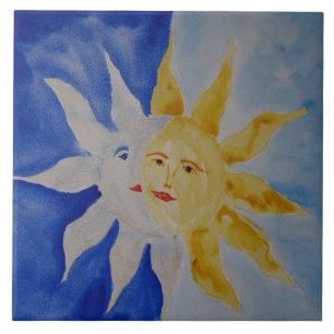 Moon And Sun Watercolor Ceramic Tile