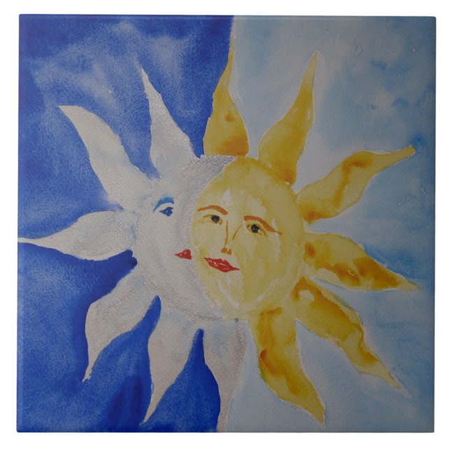 Moon And Sun Watercolor Ceramic Tile (Front)