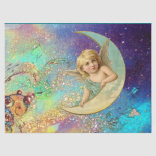 MOON ANGEL IN BLUE GOLD YELLOW FLORAL SPARKLES TISSUE PAPER