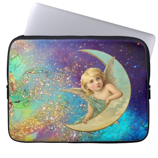 MOON ANGEL IN BLUE GOLD YELLOW SPARKLES LAPTOP SLEEVE (Front)
