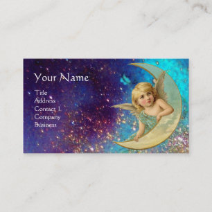 MOON ANGEL IN BLUE GOLD YELLOW SPARKLES MONOGRAM BUSINESS CARD