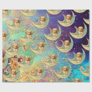 MOON ANGEL IN BLUE GOLD YELLOW SPARKLES WRAPPING PAPER