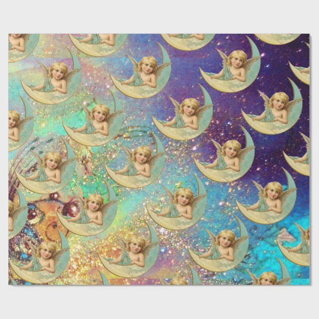 MOON ANGEL IN BLUE GOLD YELLOW SPARKLES WRAPPING PAPER (Flat)