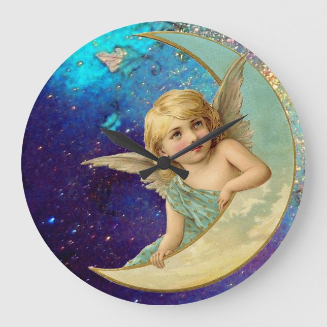 MOON ANGEL IN GOLD BLUE SPARKLES LARGE CLOCK (Front)