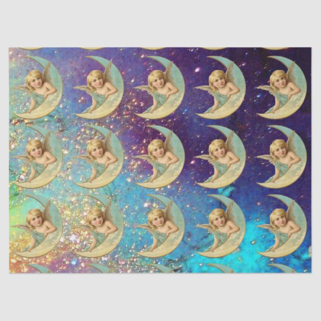 MOON ANGELS IN BLUE GOLD YELLOW SPARKLES TISSUE PAPER (Front)