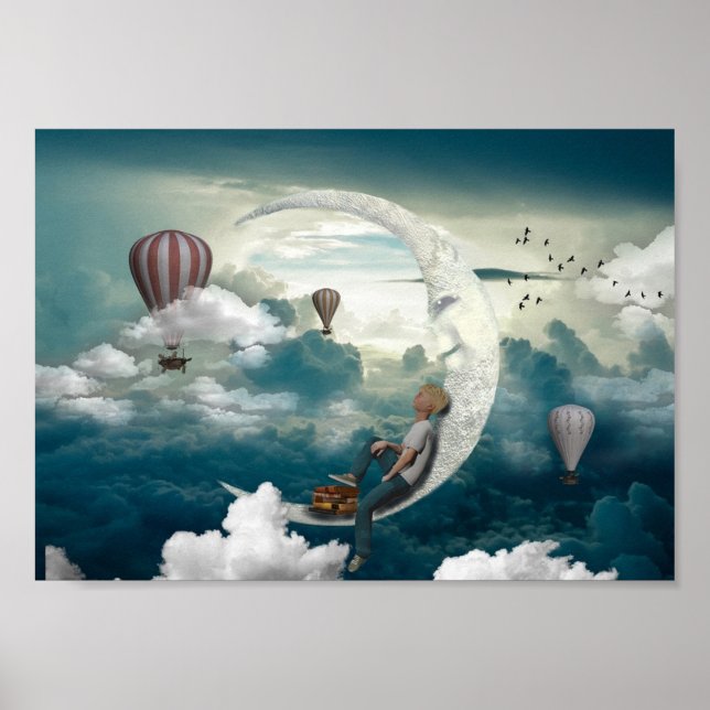 Moon Art Boy on the Moon Artwork Fantasy Poster (Front)