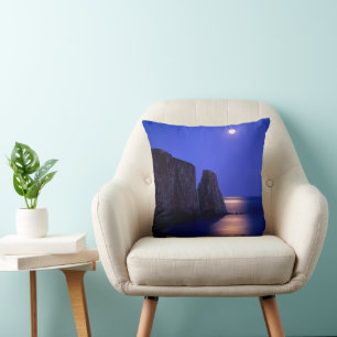 Moon At Dusk Perce Rock Gaspe Coast Quebec Cushion