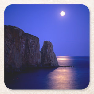 Moon At Dusk Perce Rock Gaspe Coast Quebec Square Paper Coaster