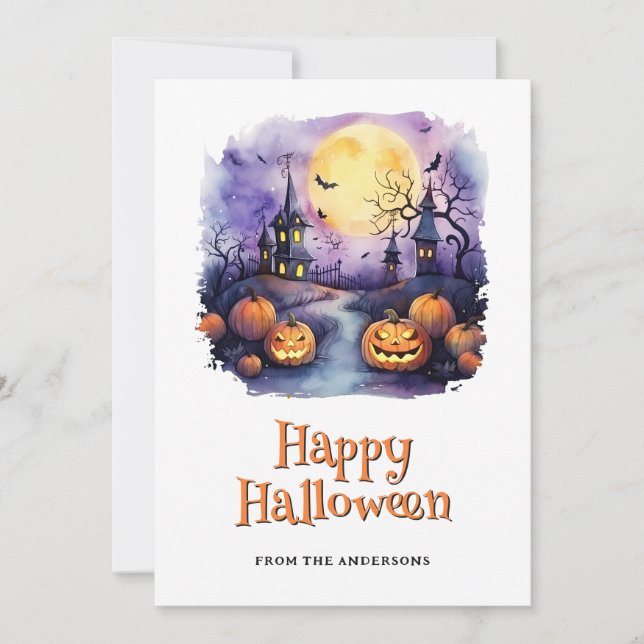 Moon Bats Pumpkins Happy Halloween Card (Front)