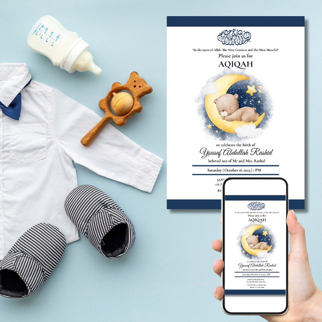 Moon Bear Sleeping Baby Boy Muslim Aqiqah Aqeeqa Invitation (Moon Bear Sleeping Baby Boy Muslim Aqiqah Aqeeqa Invitation)