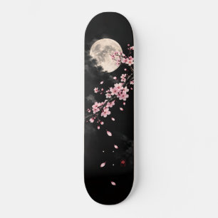 Moon Black Floral Art Japanese Cherry Blossom Skateboard