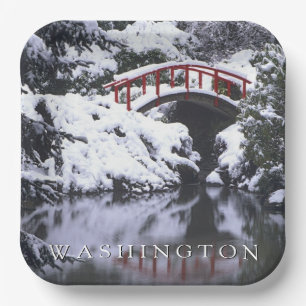 Moon Bridge & Pond in Winter Seattle, Washington Paper Plate