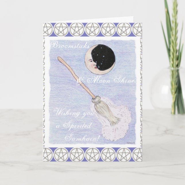 Moon & Broom Spirited Samhain Pentacle Holiday Card (Front)