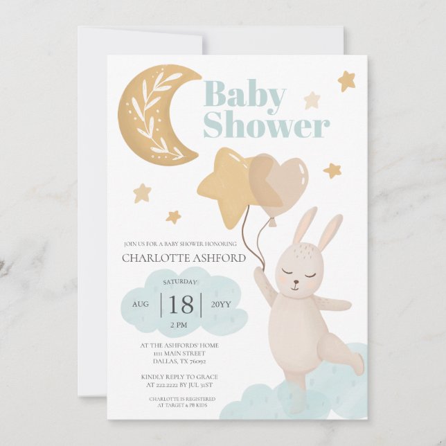 Moon Bunny Balloons Neutral Baby Shower Invitation (Front)