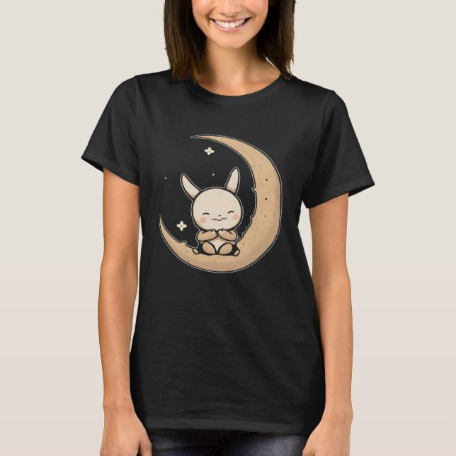 Moon Bunny Rabbit Sitting In Crescent Moon Easter T-Shirt (Front)