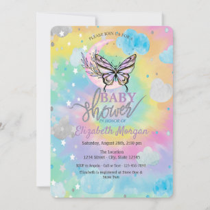 Moon Butterfly Stars & Clouds Tie Dye Baby Shower Invitation