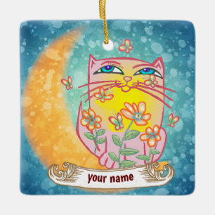 Moon Cat Flowers  Ceramic Ornament
