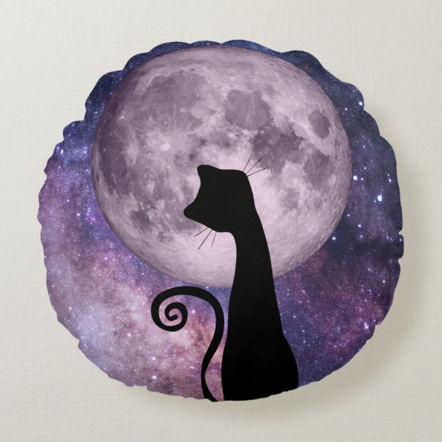 Moon Cat In Pink and Purple Round Throw Pillow (Front)