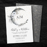 Moon Celestial Wedding Invitation<br><div class="desc">Boho Star Crescent Moon Celestial Monogram Wedding Invitation. Celebrate a evening under the stars with this light whimsical boho celestial wedding theme. An elegant yet playful look with a watercolor midnight sky crescent moon, gold stars and and white flowers, feathers, and other accents that give a bit of a bohemian...</div>