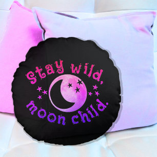 Moon Child Stay Wild Pink Black Stars Galaxy Round Cushion