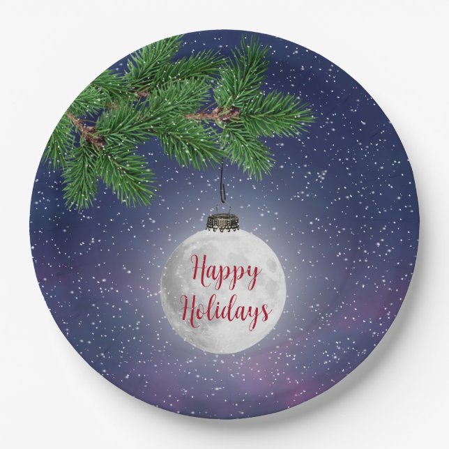 Moon Christmas Ornament On Pine Paper Plate (Front)