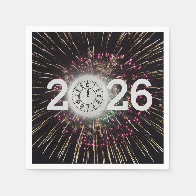 Moon Clock and Fireworks 2026 New Years Eve Napkin (Front)