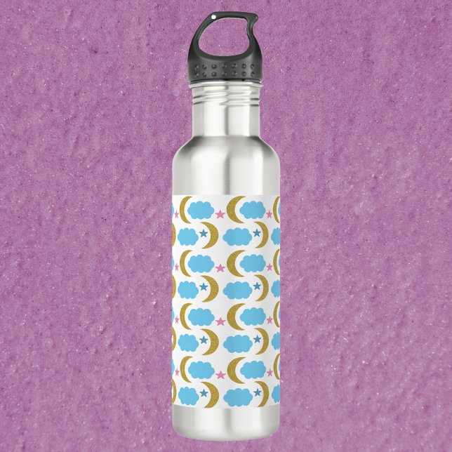 Moon Cloud Stars Faux Gold Glitter Pattern 710 Ml Water Bottle (A water bottle with a pattern of gold moons, blue clouds and pink stars!)